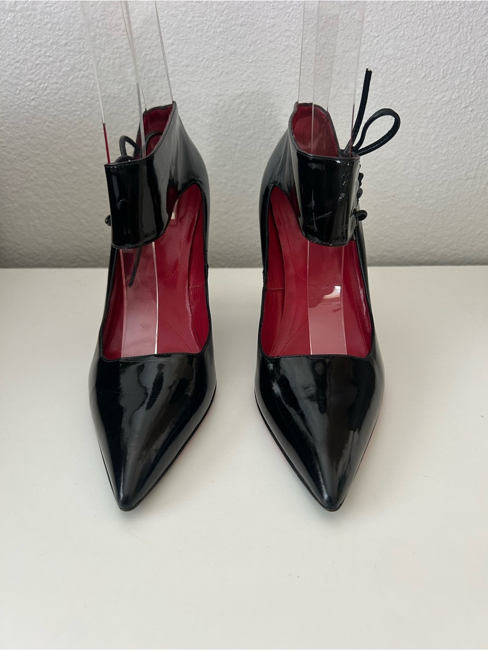 Cesare Paciotti Black Patent Pointed-Toe Ankle-Strap Pumps with Red Interior